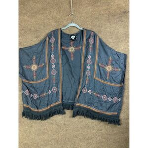 Boho Embroidered Kimono Festival Fringe Hippie Gray Open Front Jacket F.S.